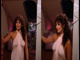 Marina Sirtis  nipslip, hot scene  in Star Trek 5